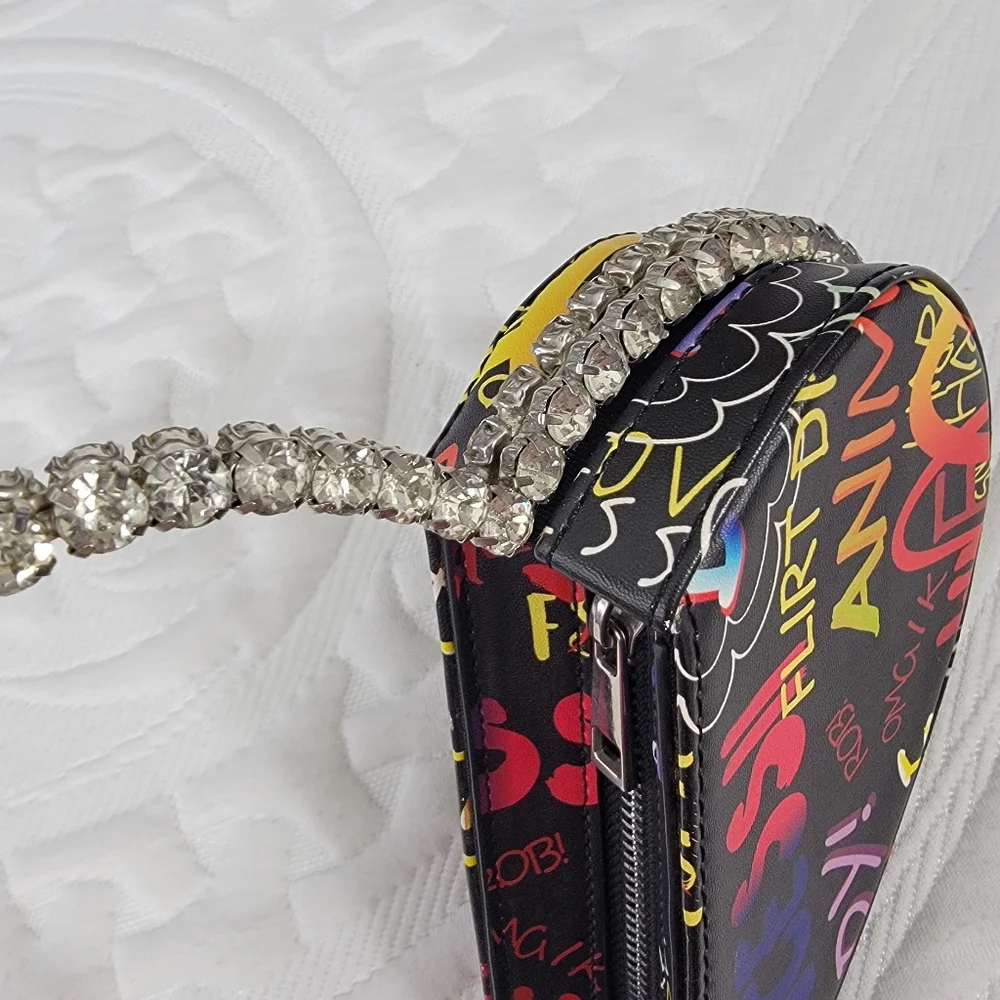 AKIRA Black Graffiti Heart Shaped Mini Bag Rhinestone Handle Bling Going Out - Picture 8 of 13